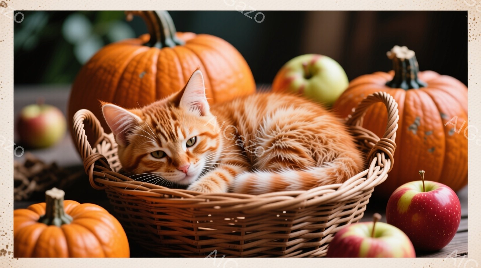 オレンジ色のトラ猫が、籐製のバスケットの中に丸まって眠っています。周囲には、オレンジ色のカボチャや赤いリンゴが散らばっており、秋の収穫祭のような温かい雰囲気を醸し出しています。猫は穏やかな表情で、リラ - AI生成フリー素材
