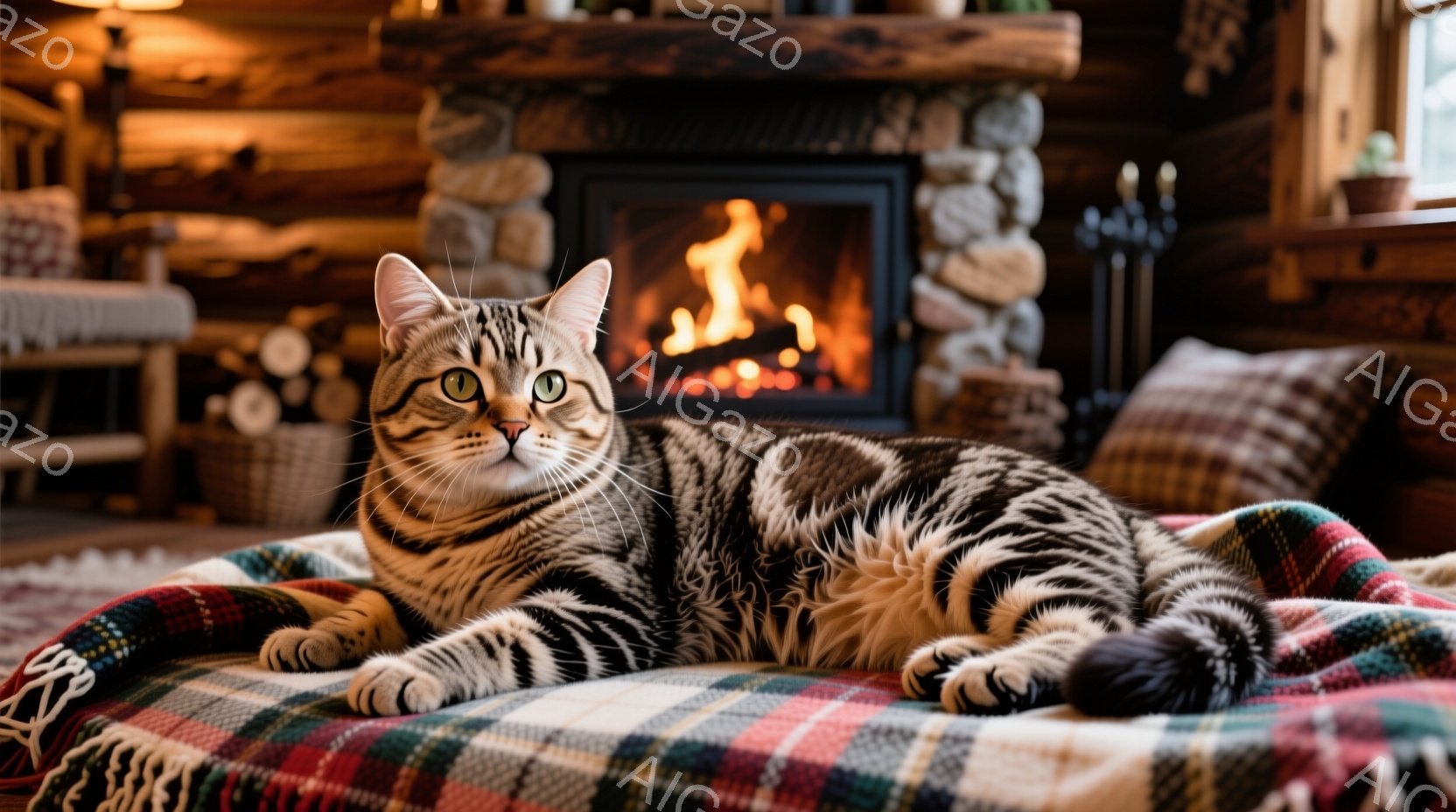縞模様の猫が、赤、緑、黄色のチェック柄の布の上に横たわっています。猫はリラックスした表情で、カメラの方を見ており、暖炉の温かい光が背景に広がっています。壁は木製の板張りで、暖炉周りは石でできており、全 - AI生成フリー素材