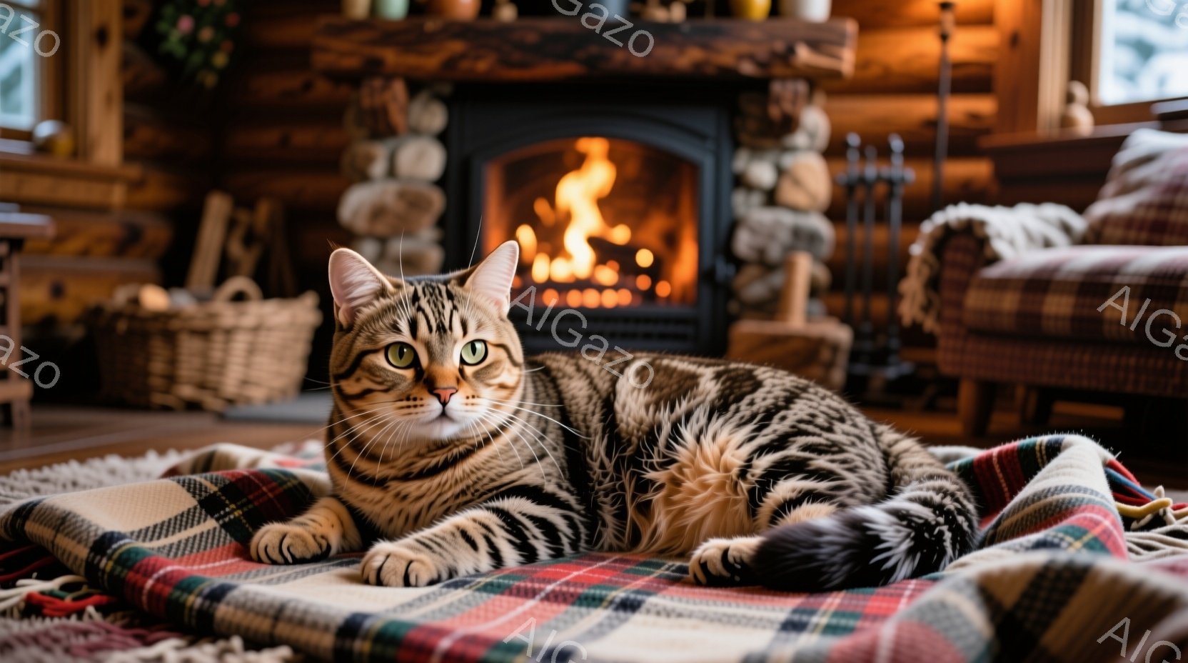 縞模様の猫が、赤と緑のチェック柄のブランケットの上にゆったりと横たわっています。背景には暖炉があり、炎が燃え盛っており、部屋全体を温かい光で満たしています。木製の壁と家具が、居心地の良いカントリー調の雰囲気を醸し出しています。