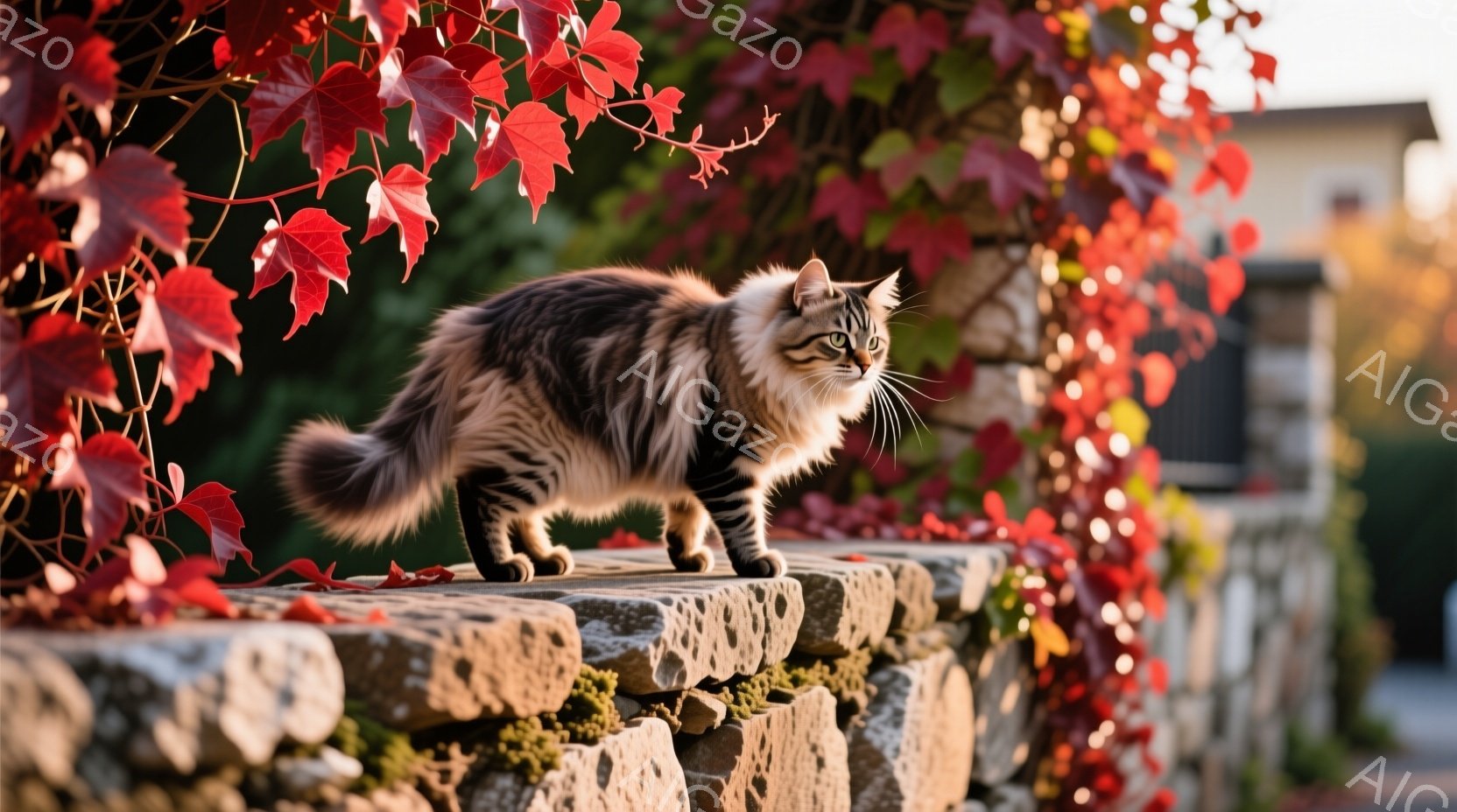 長い毛並みの茶トラ猫が、苔むした石積みの壁の上を歩いています。背景には鮮やかな赤い蔦が絡みつき、秋の陽光が猫の毛並みを照らしています。全体的に暖かく、穏やかな秋の雰囲気が漂っています。