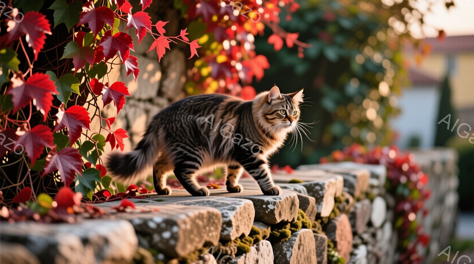 塀の上を歩く縞模様の猫が写っています。猫は右方向に歩いており、長い尾と鋭い目つきが特徴的です。背景には赤く色づいた蔦が絡みつき、石積みの塀の隙間には緑色の苔が生えており、秋の暖かく穏やかな雰囲気を醸し出しています。
