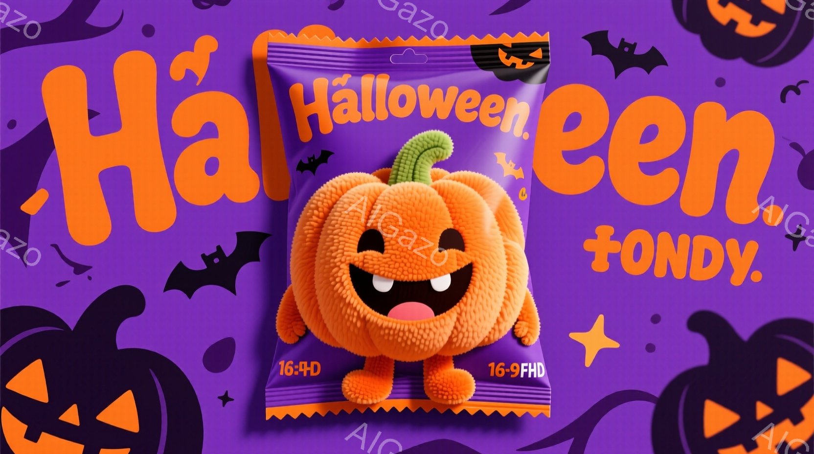 紫色の背景に、ハロウィーンをテーマにしたイラストが描かれています。中央には、笑顔のジャック・オー・ランタンのぬいぐるみのようなものが配置され、その周りには黒いコウモリやオレンジ色のカボチャのイラストが - AI生成フリー素材