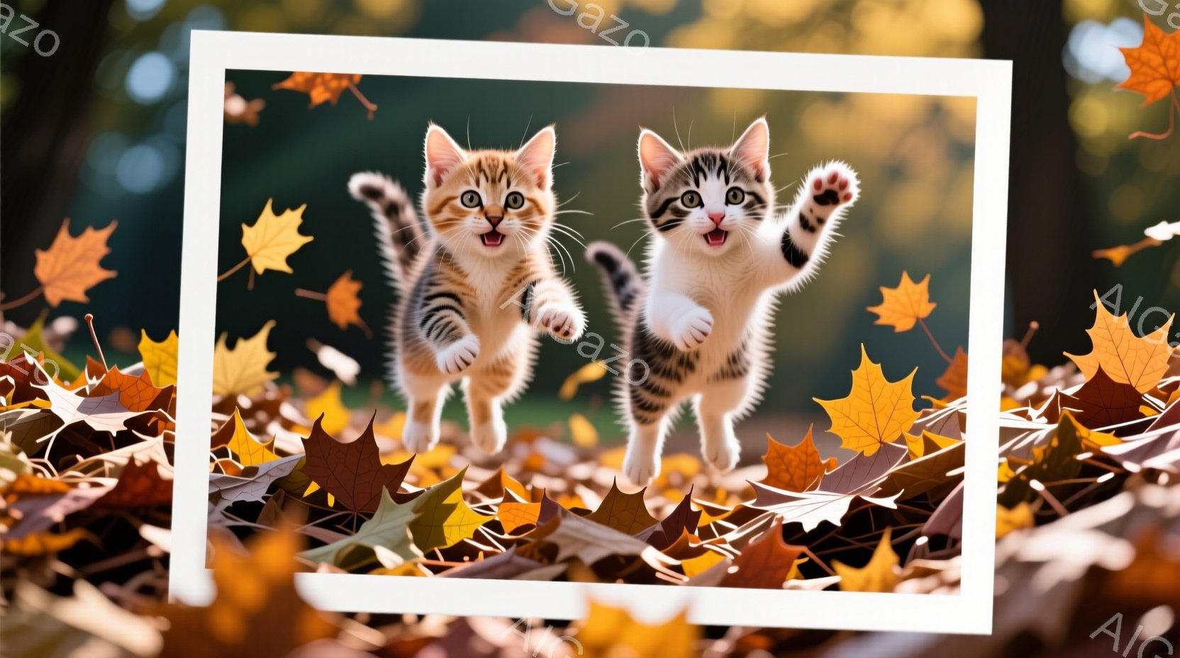 ２匹の小さな子猫が落ち葉の上を活発に駆け回っている様子が描かれている。子猫は白と茶色の縞模様で、表情は喜びにあふれており、前足を高く上げて楽しんでいるように見える。背景は緑豊かな自然で、落ち葉が敷き詰 - AI生成フリー素材