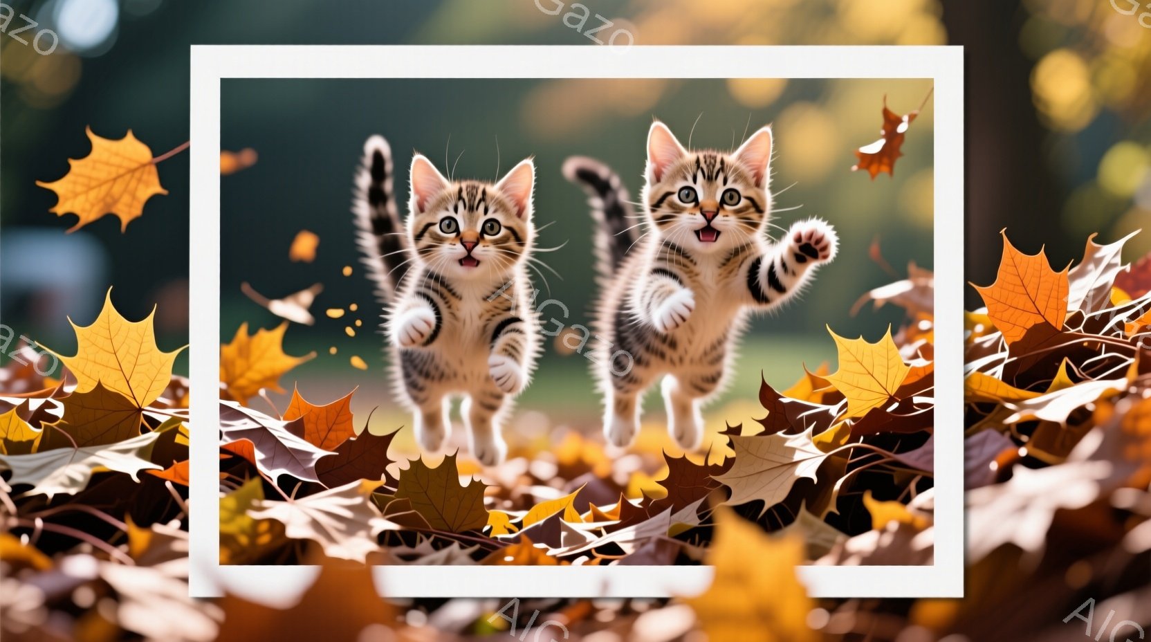 鮮やかなオレンジ色の落ち葉が敷き詰められた地面の上に、2匹の子猫が楽しそうに飛び跳ねています。縞模様の毛並みと丸い瞳が可愛らしく、まるで遊んでいるかのように片手を上げています。背景はぼかされており、秋 - AI生成フリー素材