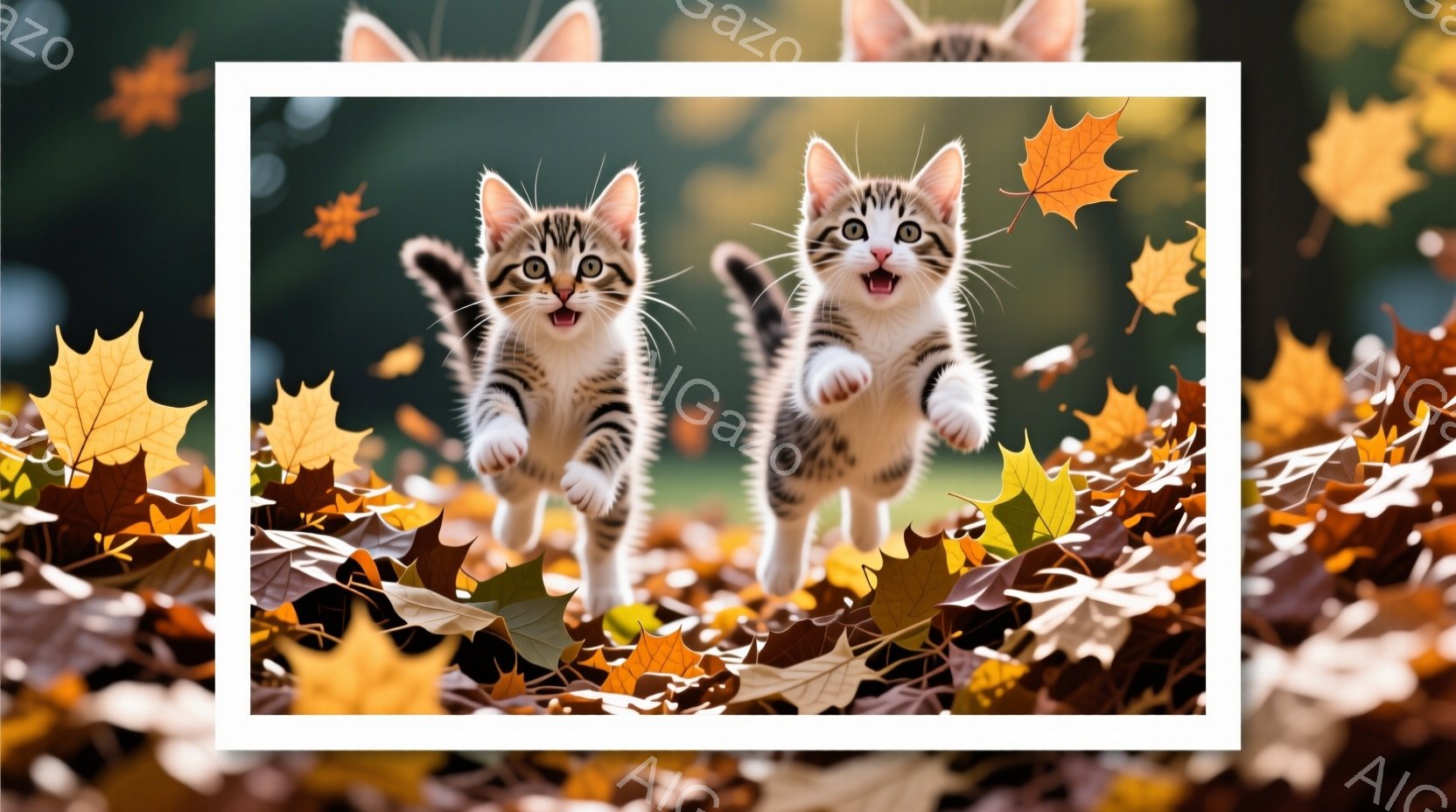 秋景の中で、二つの小さな白と黒のタイガーキットが草や葉の上を走っている。彼らは見当たりに縮んでおり、驚きの表情で周りを注視している。背景は木々と黄金色の秋の乾いた草が特徴であり、全体の雰囲気は楽しさと元気です。