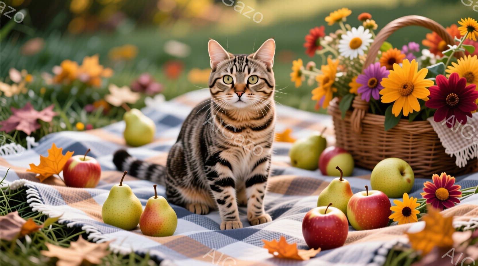 縞模様の猫が、チェック柄の敷物の上に座ってこちらを見ています。周りには赤いリンゴや緑色の梨、そして鮮やかな色の花々が散りばめられており、秋のピクニックのような温かい雰囲気が漂っています。背景は緑豊かな - AI生成フリー素材