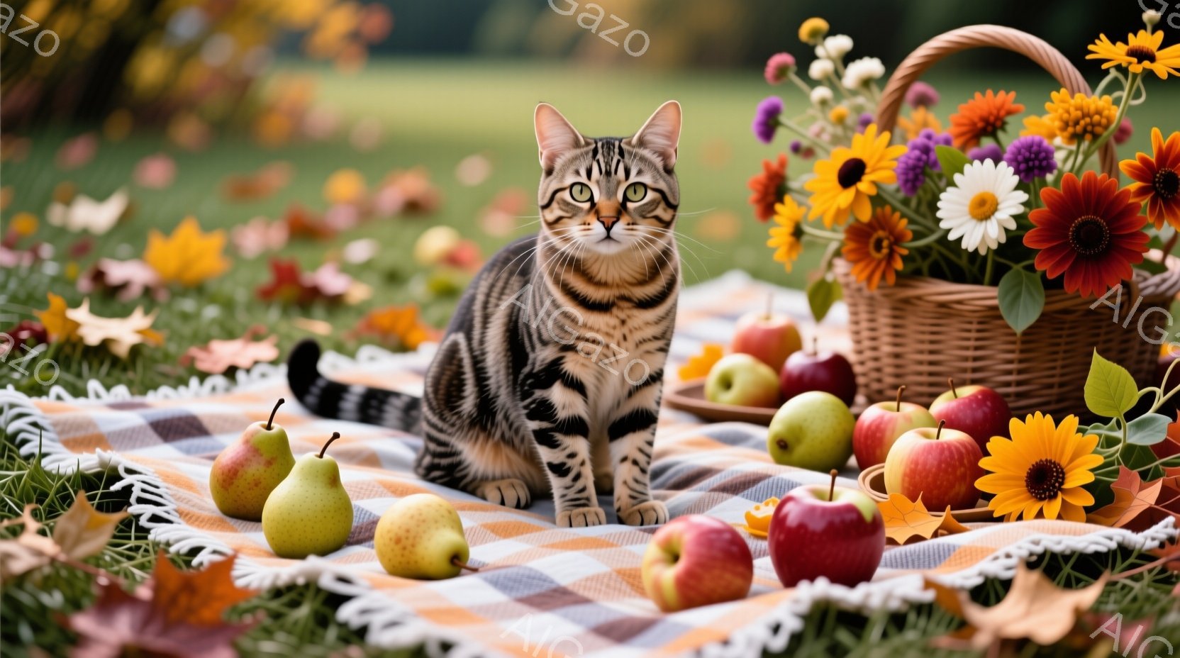 縞模様の猫が、チェック柄の敷物の上に座り、こちらを見つめています。敷物の上にはリンゴや梨が置かれ、その隣には色とりどりの花が活けられたバスケットがあります。背景は緑の草地で、落ち葉が散らばっており、秋 - AI生成フリー素材