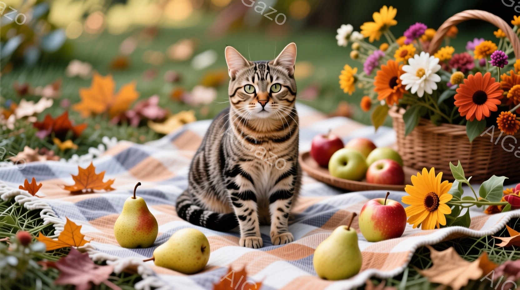 縞模様の猫が、チェック柄の敷物の上に座って正面を見つめている。敷物の周りには、落ち葉やリンゴ、梨が散らばり、かごに入った花が置かれていることから、秋のピクニックのような情景が広がっている。暖色系の色調 - AI生成フリー素材