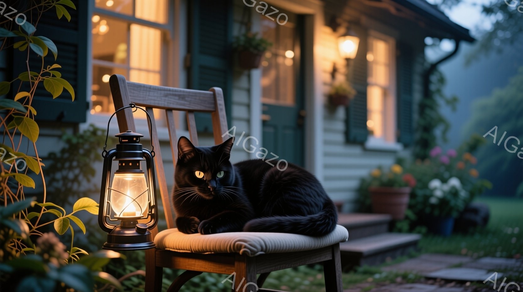 黒猫が庭の椅子にゆったりと横たわっています。背景には、窓から光が漏れる緑色の家があり、花壇には様々な花が咲き乱れています。穏やかな夜の雰囲気で、暖かく静かな印象を与えます。