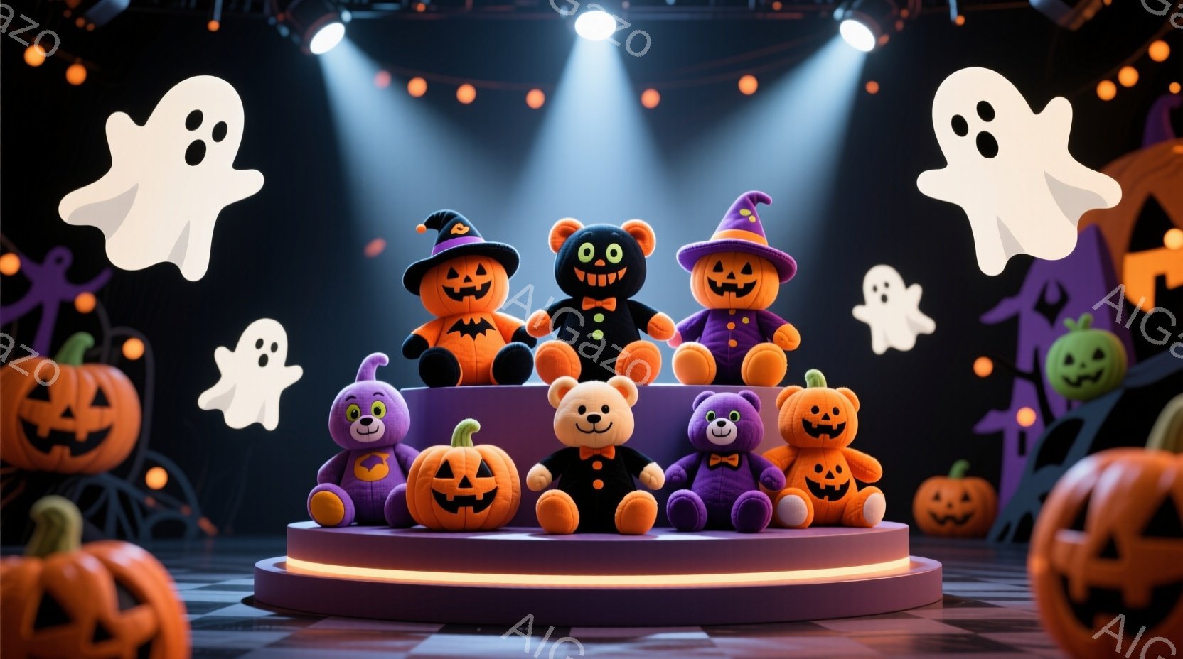 ハロウィーンをテーマにしたぬいぐるみたちがステージ上に並んでいます。各ぬいぐるみは、カボチャ、お化け、魔女、コウモリなどをモチーフにした衣装を着ており、それぞれ愛らしい表情をしています。背景には、様々 - AI生成フリー素材