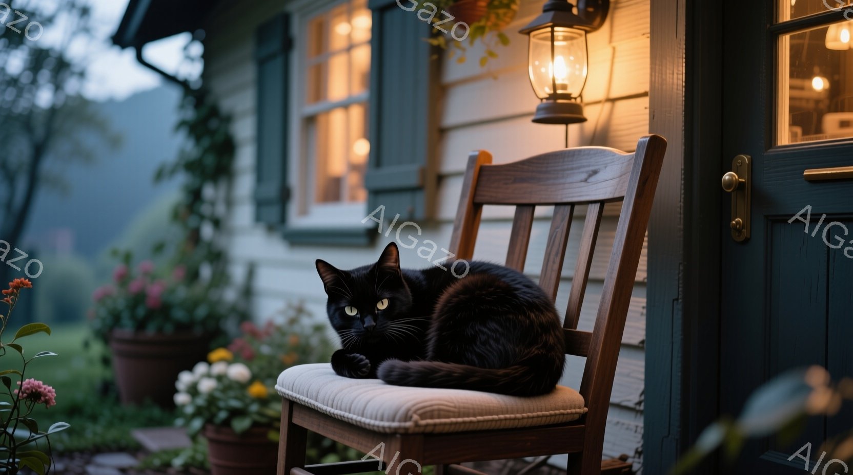 黒い猫が、クリーム色の座布団が敷かれた木製のロッキングチェアに丸まって座っています。背景には、花が咲き乱れるプランターが置かれ、深い緑色の建物と、温かい光を放つ窓やランタンが見えます。全体的に、穏やか - AI生成フリー素材