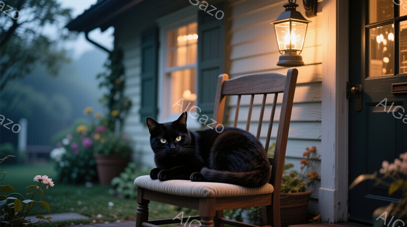 夜の時間に撮られたもので、その雰囲気はおとなりのような落ち着きがあると言えます。中心に座っている黒猫は自然な姿勢を保っています。猫は白い椅子に座っており、その背景には建物があり、窓から薄い光が入っているようです。 猫自体の表情や服装は見えませんが、その姿勢はおとなりのように安らかなものです。全体の雰囲気は柔らかく、落ち着きがあります。