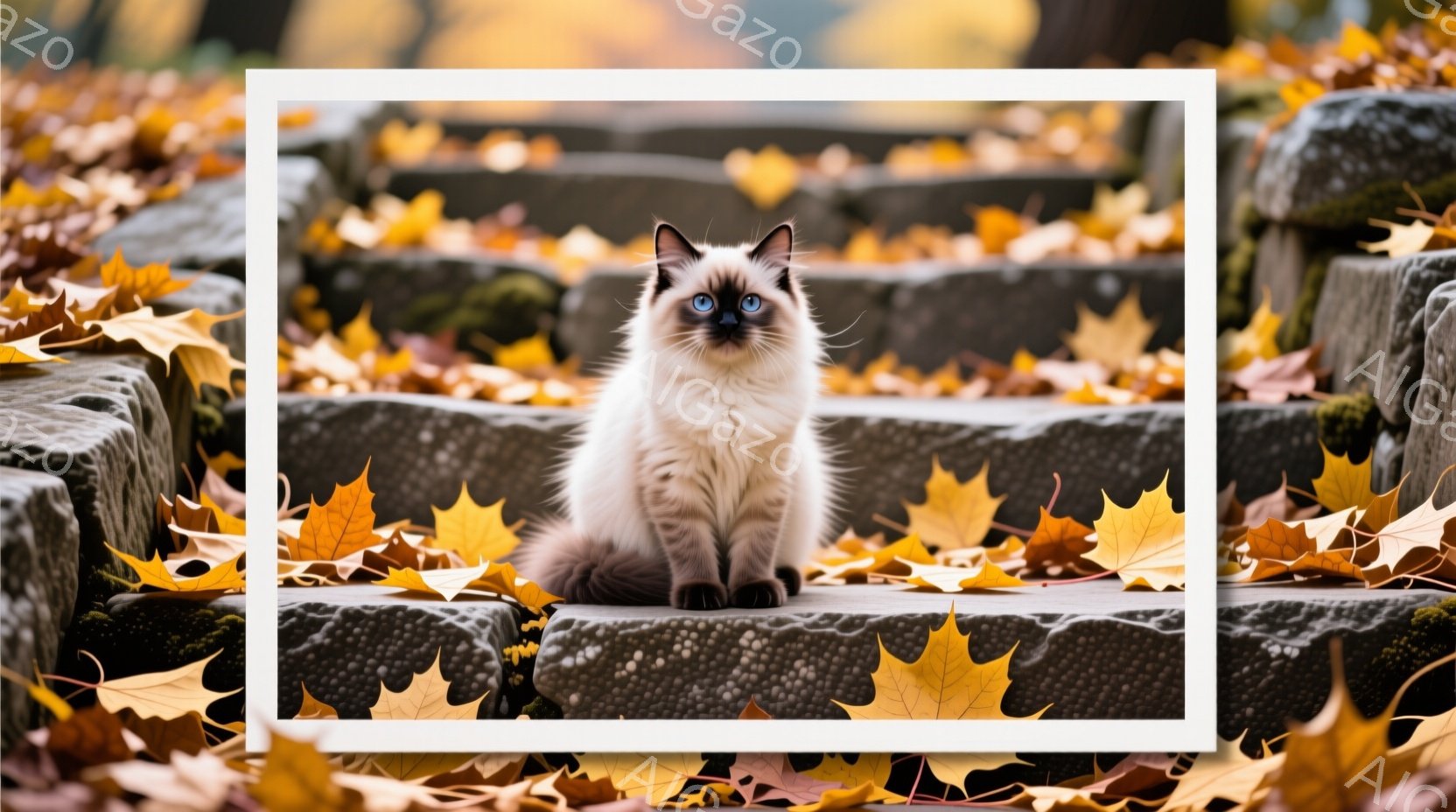画像の中心には、白色と黒色のマーキングをした長毛の猫が座っています。猫は縦の方向に見つめる表情で、体は対角線になります。背景は、石段の上で、秋の葉が随所に散らばっています。その全体的な雰囲気は、季節感あるリラックスした雰囲気となります。