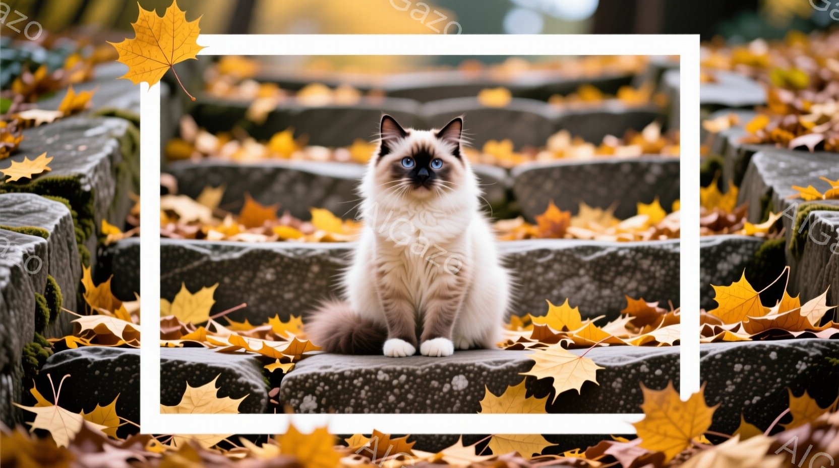 白い毛並みにポイントで茶色が入ったシャム猫が、石段の上に座って正面を見つめています。背景には落ち葉が敷き詰められ、秋の穏やかな雰囲気が漂っています。猫の澄んだ青い瞳と、落ち葉の鮮やかな色彩が印象的な、季節感あふれる一枚です。
