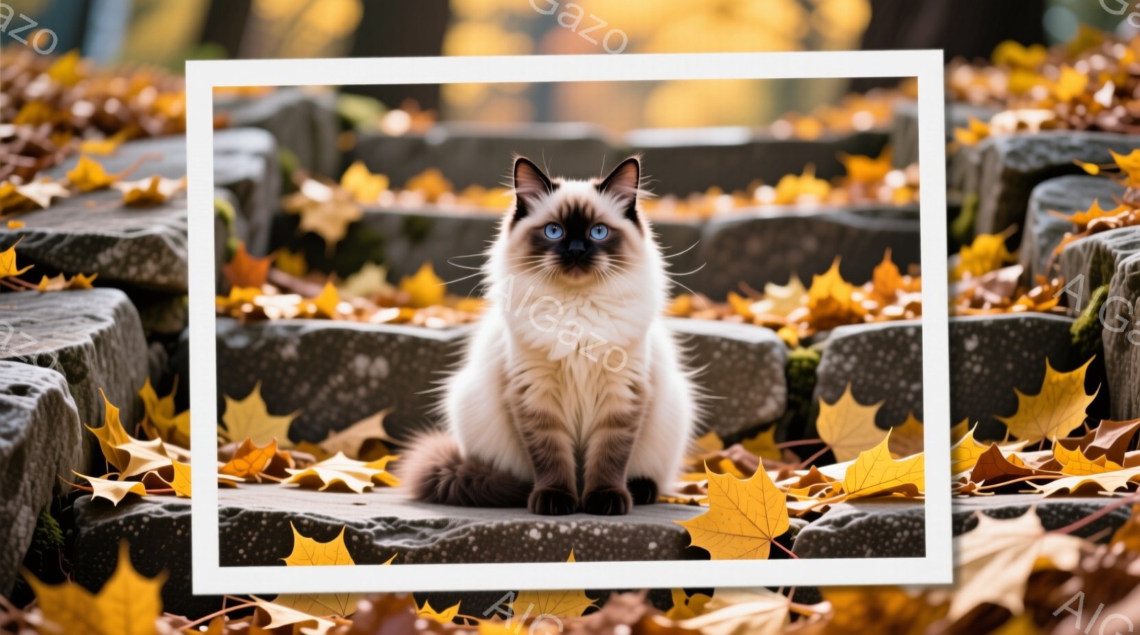 シベリアンハスキーのような毛並みの猫が、苔むした石段に座って正面を見つめている。背景には黄色の落ち葉が散らばり、秋の風景が広がっている。猫の青い瞳は印象的で、落ち着いた雰囲気の中で、どこか神秘的な印象 - AI生成フリー素材