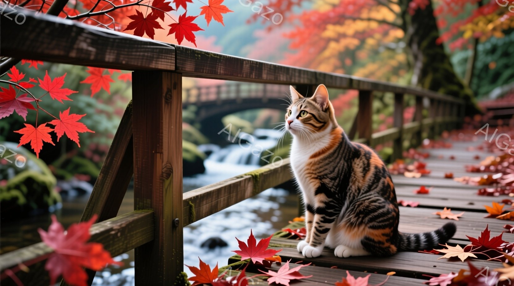 木造の柵の上で、白と茶色の縞模様の猫が座って遠くを見つめています。背景には、鮮やかな赤色の紅葉と、水が流れる川、そしてぼやけた橋が見えます。全体的に、秋の穏やかで美しい自然の中で猫がくつろいでいる様子 - AI生成フリー素材