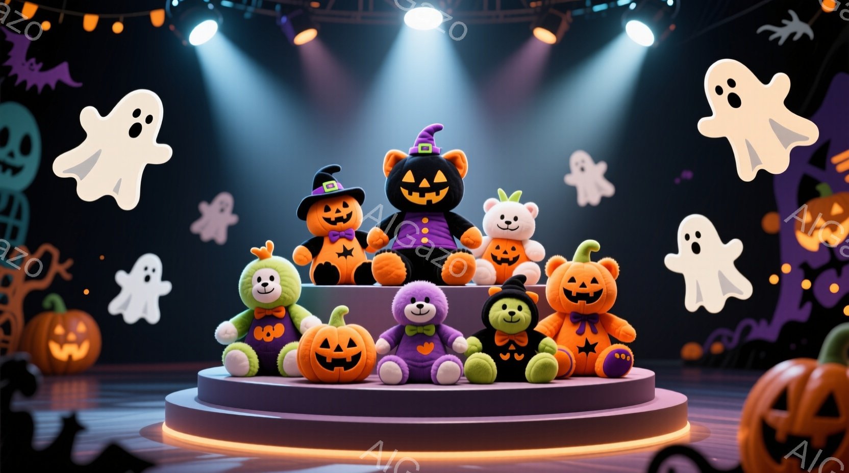 ハローウィーンをテーマにした、ふわふわのテディベアたちが紫色の壇上に並んでいます。クマたちはそれぞれカボチャや魔女、お化けの衣装を着ており、愛らしい表情を浮かべています。背景には、カボチャやお化けのイ - AI生成フリー素材