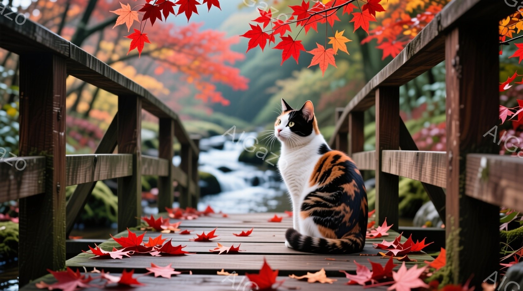 赤い紅葉の葉が散りばめられた木製の橋の上で、白と茶色のまだら模様の猫が座っています。猫はリラックスした様子で、遠くを見つめており、周囲の美しい自然に囲まれています。背景には、鮮やかな赤色の紅葉と、水の流れが見え、秋の穏やかな雰囲気を醸し出しています。