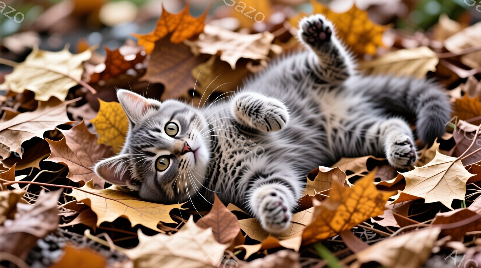 灰色の縞模様の小さな子猫が、落ち葉の上に仰向けになって遊んでいます。前足を空中に上げ、好奇心と遊び心に満ちた表情でカメラを見つめています。背景は様々な色合いの落ち葉で埋め尽くされており、秋の穏やかで温 - AI生成フリー素材
