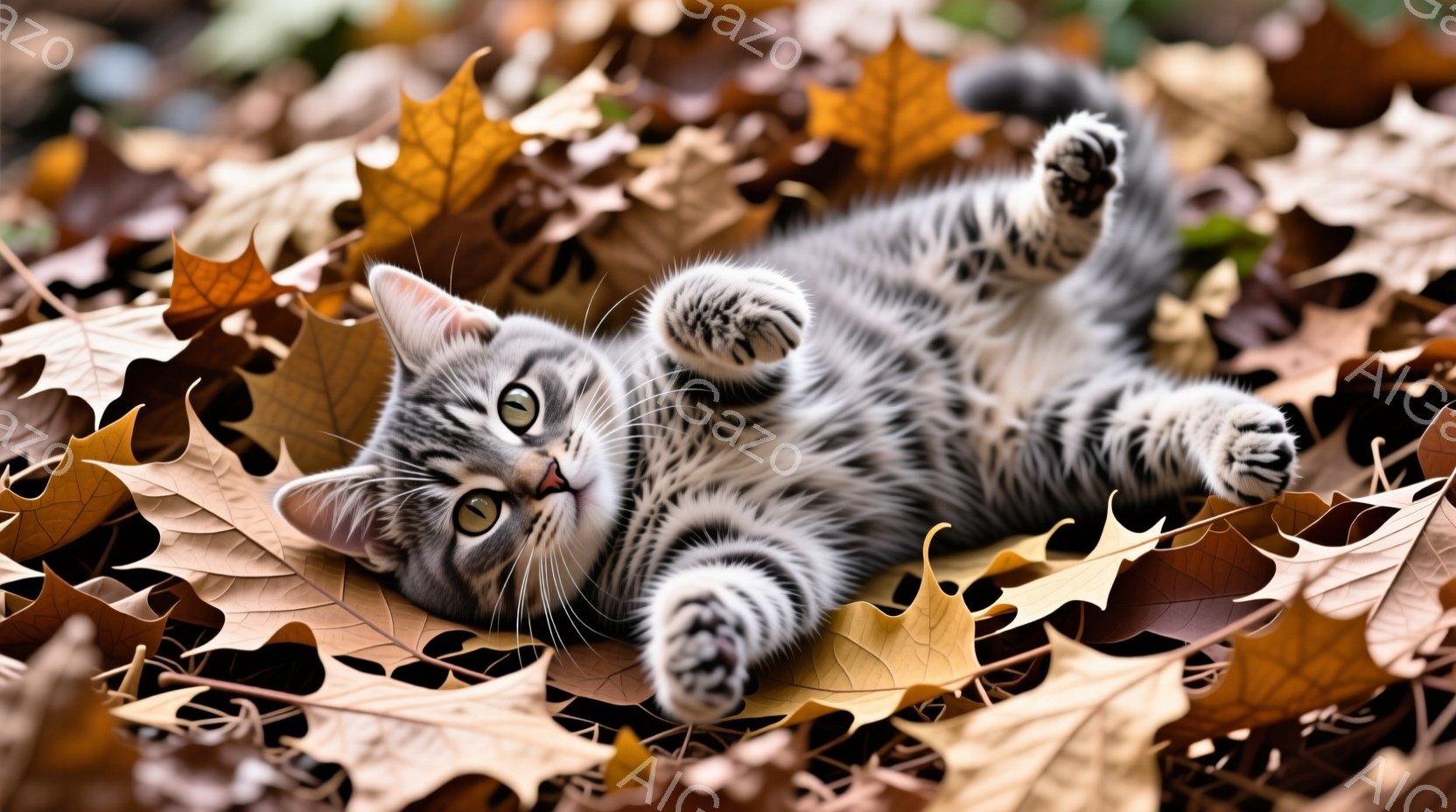 白とグレーの縞模様の小さな子猫が、落ち葉の上に仰向けになって遊んでいます。前足は空中で曲げられ、緑色の瞳はカメラを見つめており、リラックスした表情を見せています。背景は茶色や黄色の落ち葉で覆われ、秋の - AI生成フリー素材