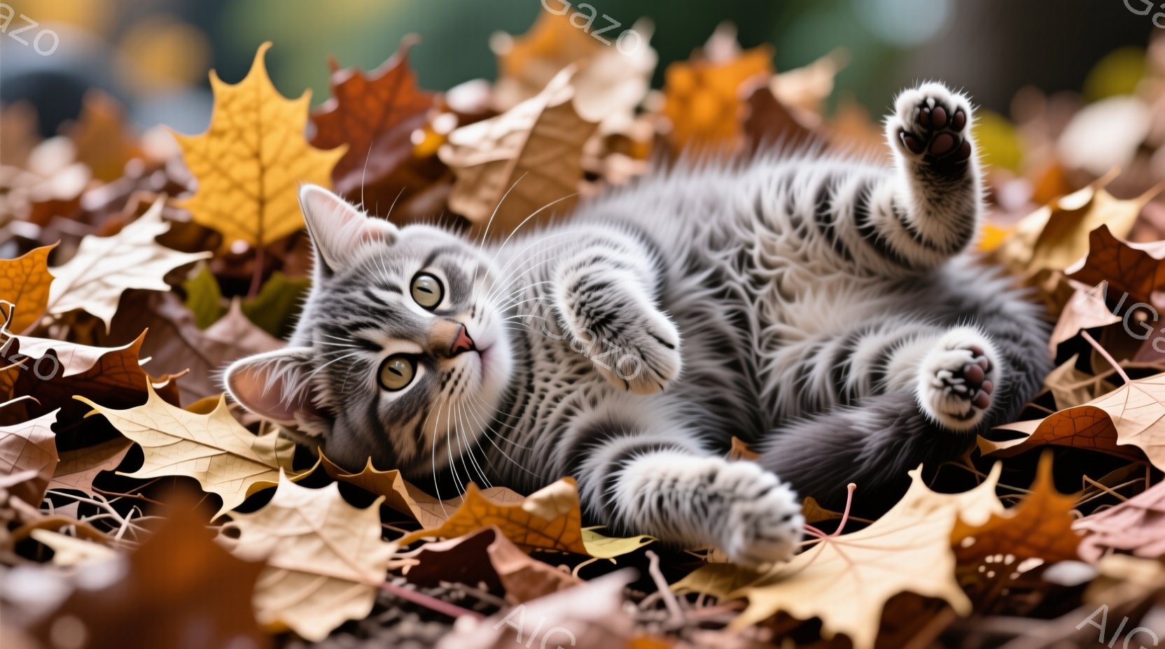 縞模様の小さな子猫が、落ち葉の中に仰向けになって遊んでいます。前足は上に伸ばされ、つぶらな瞳でどこかを見つめており、表情はリラックスしていて可愛らしいです。背景は、黄色や茶色の落ち葉で覆われ、秋の穏や - AI生成フリー素材