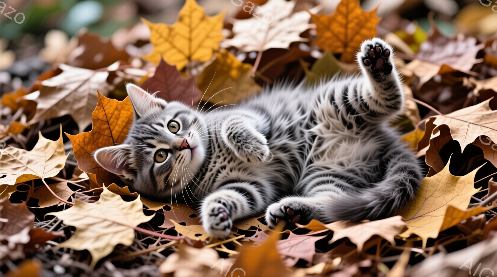 縞模様の小さな子猫が、落ち葉の中に仰向けになって遊んでいます。前足を伸ばし、好奇心に満ちた表情でカメラを見つめており、背景は秋らしい枯葉で埋め尽くされています。全体的に暖かく、のどかで、可愛らしい雰囲 - AI生成フリー素材