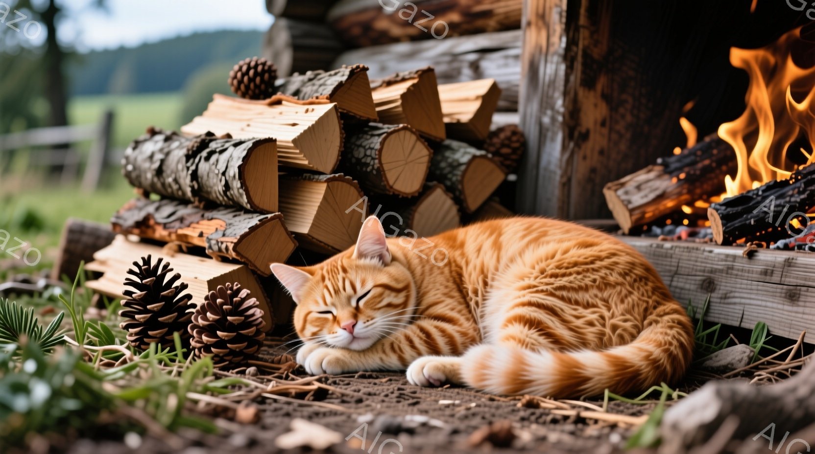 オレンジ色の縞模様の猫が、丸まって土の上に眠っている。背景には薪が積み重ねられた木製の壁と、松ぼっくり、そして緑の草が生い茂る自然が見える。暖炉の炎が薪の横で燃え上がり、穏やかでリラックスした雰囲気を - AI生成フリー素材