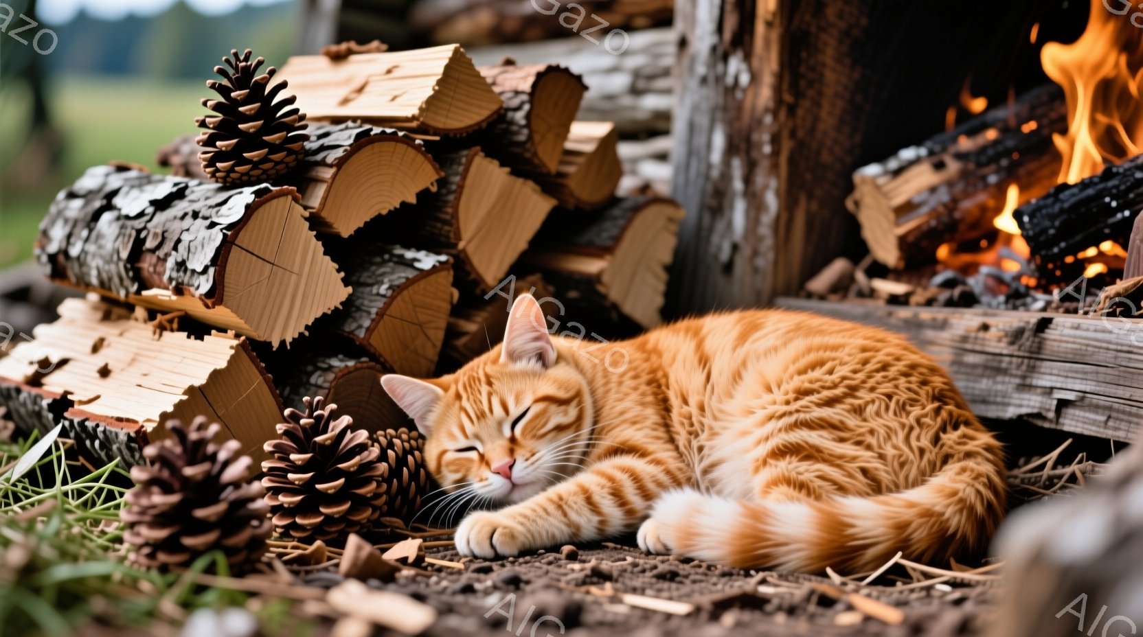 明るいオレンジ色の毛並みの猫が、薪の山と松ぼっくりに囲まれて丸まって眠っています。猫は目を閉じてリラックスした表情をしており、背景には緑豊かな自然と、わずかに見える暖炉の炎が見えます。 全体的に、穏やかで心地よい、暖炉のそばでくつろぐ猫の様子が伝わってきます。