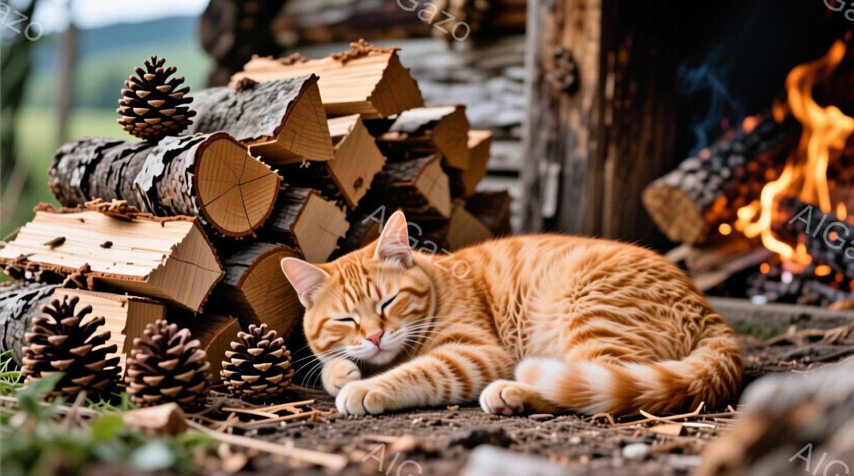 オレンジ色の縞模様の猫が、薪の山と松ぼっくりに囲まれて丸まって眠っています。背景には暖炉の火が燃え、暖かな光が猫を照らし、秋の穏やかな雰囲気を醸し出しています。木製の壁と落ち葉が広がる地面が、自然の中でくつろぐ猫の安らかな様子を際立たせています。