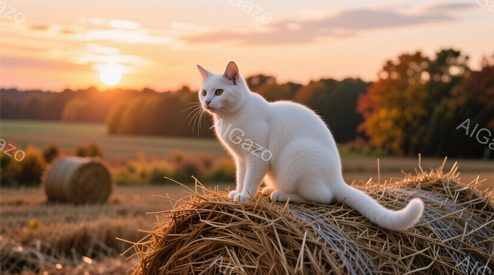 白い猫が干し草の俵の上に座っており、遠くの夕焼けを背景にしています。猫はリラックスした姿勢で、少し横を向いており、穏やかな表情をしています。背景には緑豊かな木々や畑が広がり、黄金色の夕焼けが全体を暖か - AI生成フリー素材