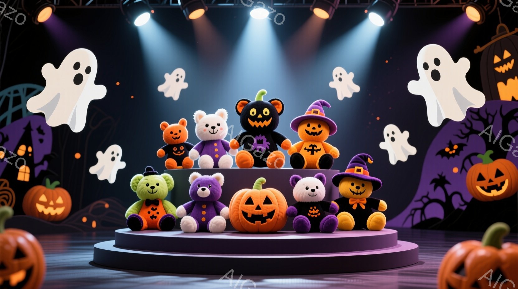 ハロウィーンをテーマにした可愛らしいテディベアたちが紫色の台の上に並んでいます。それぞれが異なるハロウィーンの衣装を着ており、カボチャ、魔女、黒猫などをモチーフにした装飾が施されています。背景にはハロウィーンらしいお化けやカボチャ、不気味な建物が描かれ、お祝いムードを盛り上げています。