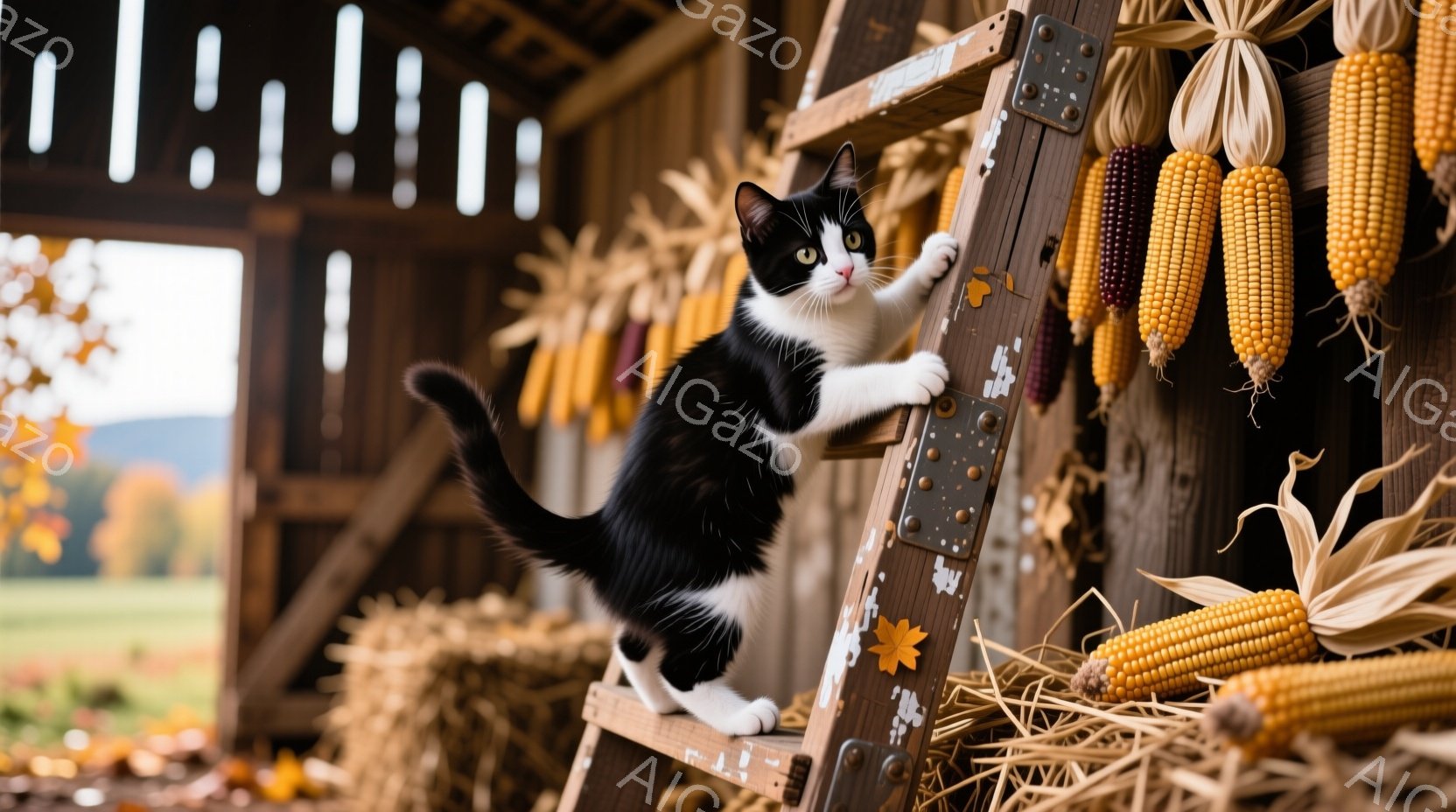 白と黒の猫が、古い納屋の中で梯子をよじ登っています。背景には乾燥したトウモロコシが飾られ、藁の俵が置かれ、秋の収穫の雰囲気が漂っています。猫は好奇心旺盛な表情で、遊び心にあふれた姿勢で梯子に捕まっています。
