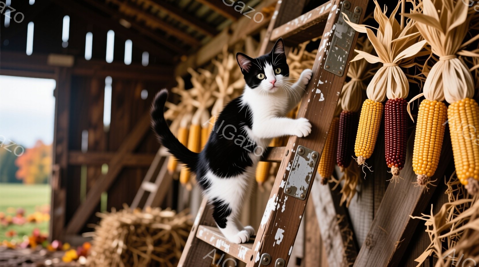 白と黒の斑模様の猫が、古い納屋の梯子によじ登っている様子が写っている。背景には藁の山と、乾燥させたトウモロコシが飾られており、秋の収穫の雰囲気が漂う。納屋の壁は木製で、外は緑豊かな草原が広がり、晴れた秋空の下、暖かく穏やかな光が差し込んでいる。