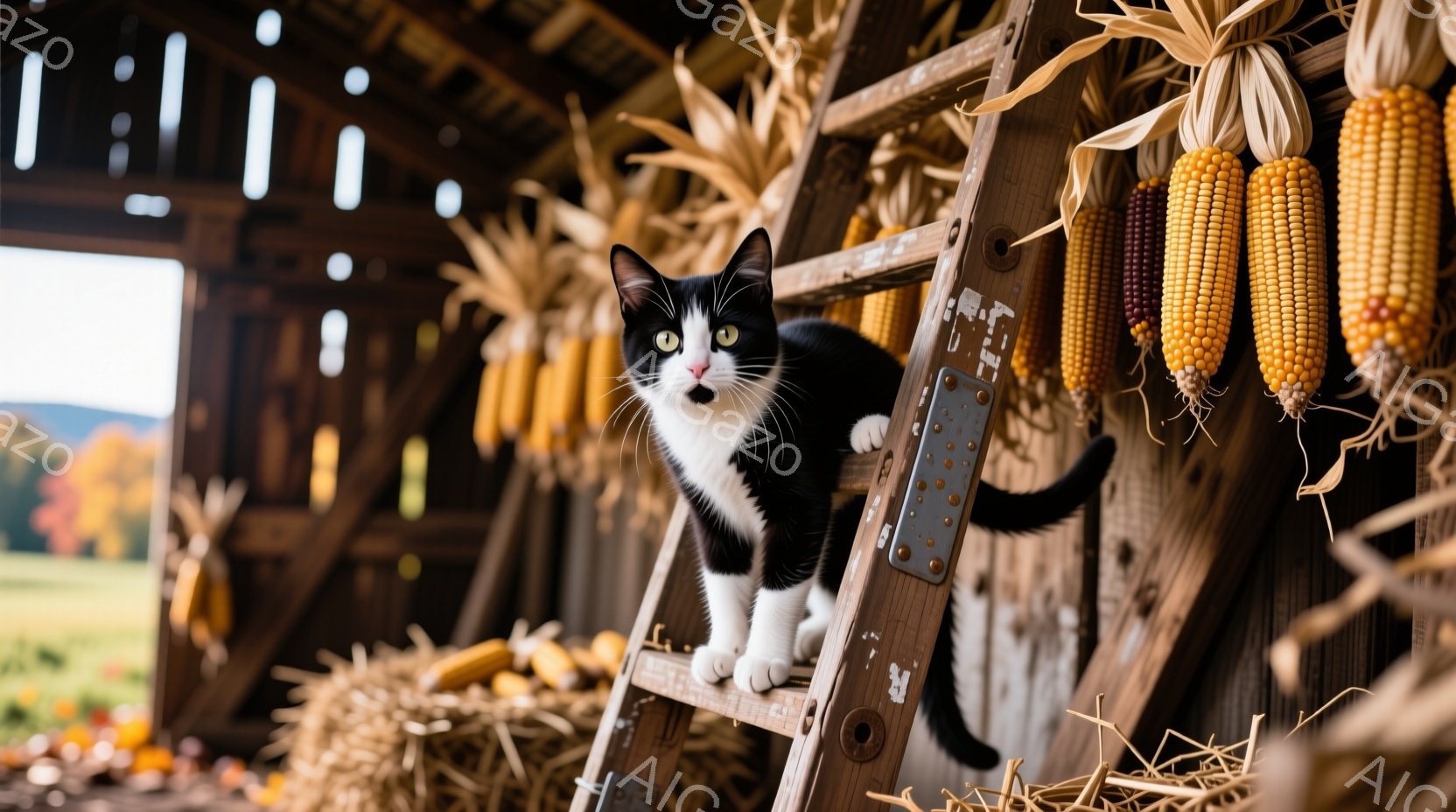 猫が木を登るように、木製の階段の上に座っています。その周りは収穫されたマイナスカルの種子で覆われており、風が吹き抜ける印象を与えます。