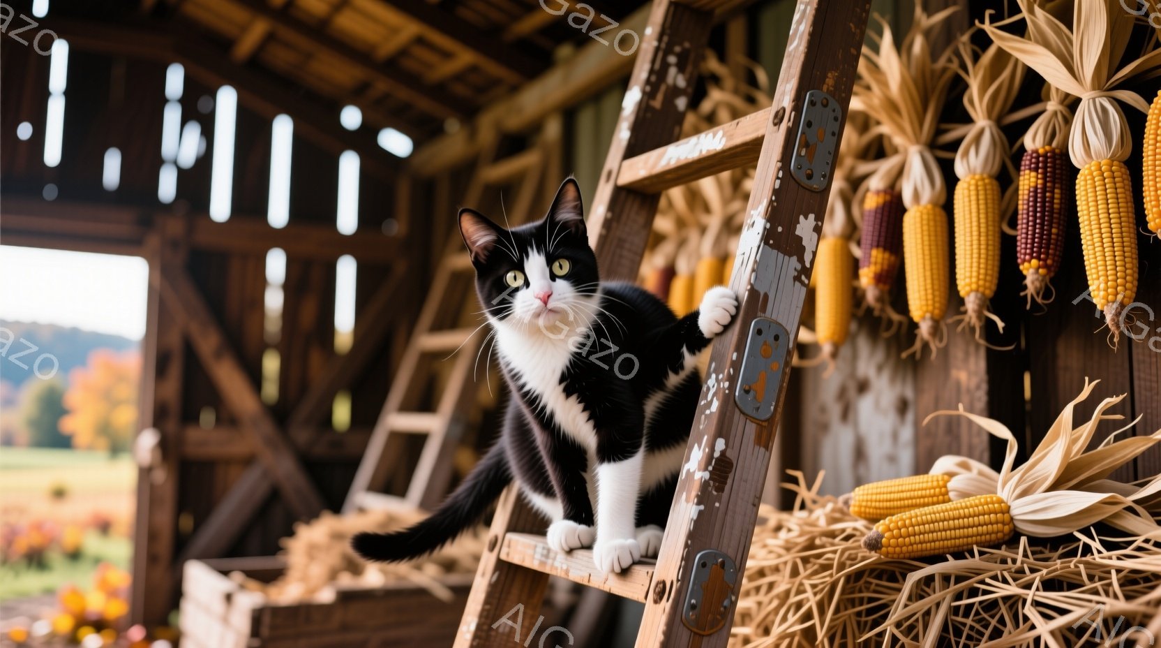 白と黒の猫が、古ぼけた木の梯子に座ってこちらを見ている。背景には、干しトウモロコシが飾られた納屋の壁と、緑豊かな草原が広がり、秋の穏やかな日差しが差し込んでいる。猫の表情はリラックスしており、全体的に素朴で温かい雰囲気を醸し出している。