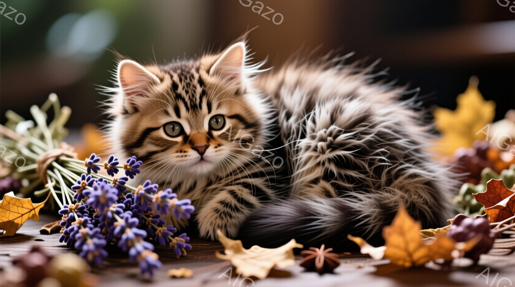 縞模様の毛並みが美しい子猫が、落ち葉や紫色の花束に囲まれて横たわっています。子猫は大きな瞳でカメラを見つめ、リラックスした表情を浮かべています。背景は暗く、暖かな光が子猫と花を照らし出し、秋の静けさを - AI生成フリー素材