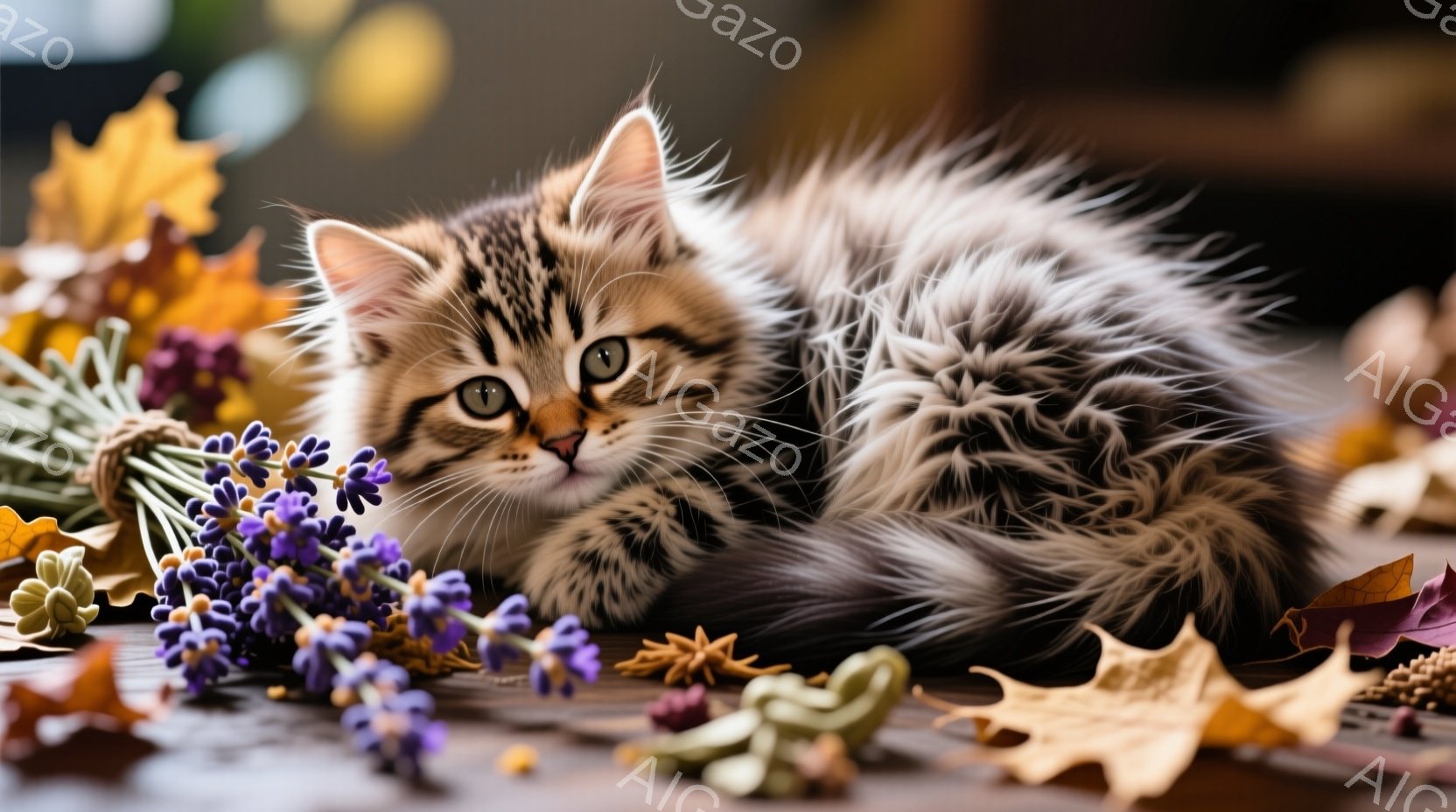 鮮やかな黄色の落ち葉と紫色のラベンダーに囲まれた、ふわふわの毛並みを持つ子猫が写っている。子猫は丸まって横たわり、少し上目遣いでこちらを見つめている表情は、好奇心と安心感を感じさせる。背景は暗く、落ち - AI生成フリー素材