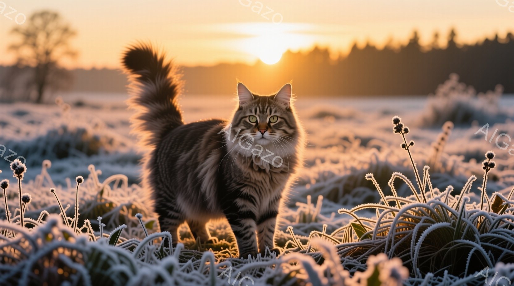 霜で覆われた草むらに、縞模様の長毛猫が佇んでいます。その表情は自信に満ちており、澄んだ緑色の瞳がこちらを見つめています。背景には薄暗い森と、夕焼けのような暖かい光が広がり、静かで幻想的な雰囲気を醸し出 - AI生成フリー素材