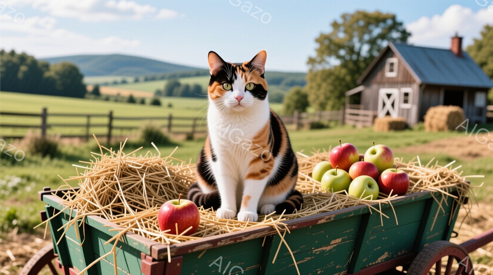 茶色、白、黒のまだら模様の猫が、藁で満たされた緑色の馬車の中に座っています。猫は正面を見ており、穏やかで好奇心に満ちた表情をしています。背景には、農家のような建物や緑の丘が見え、天候は晴れており、穏やかな田園風景が広がっています。