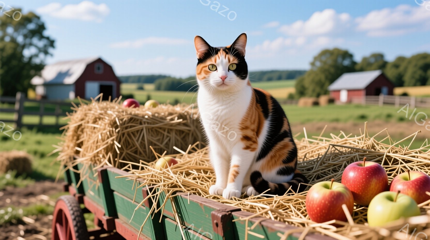 鮮やかな色彩の三毛猫が、藁で満たされた緑色のワゴンの中に座っています。猫は正面を見据え、落ち着いた表情で、少しつぶらな瞳が印象的です。背景には赤い納屋や緑の牧草地が広がり、晴天の下、穏やかで牧歌的な雰囲気を醸し出しています。