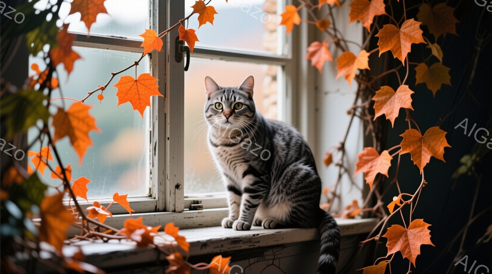 縞模様の猫が、古びた窓枠に座ってこちらを見つめている。背景には鮮やかなオレンジ色の蔦が絡みつき、秋の訪れを感じさせる風景を作り出している。猫の表情はどこか物憂げで、秋の寂しさを表現しているかのようだ。
