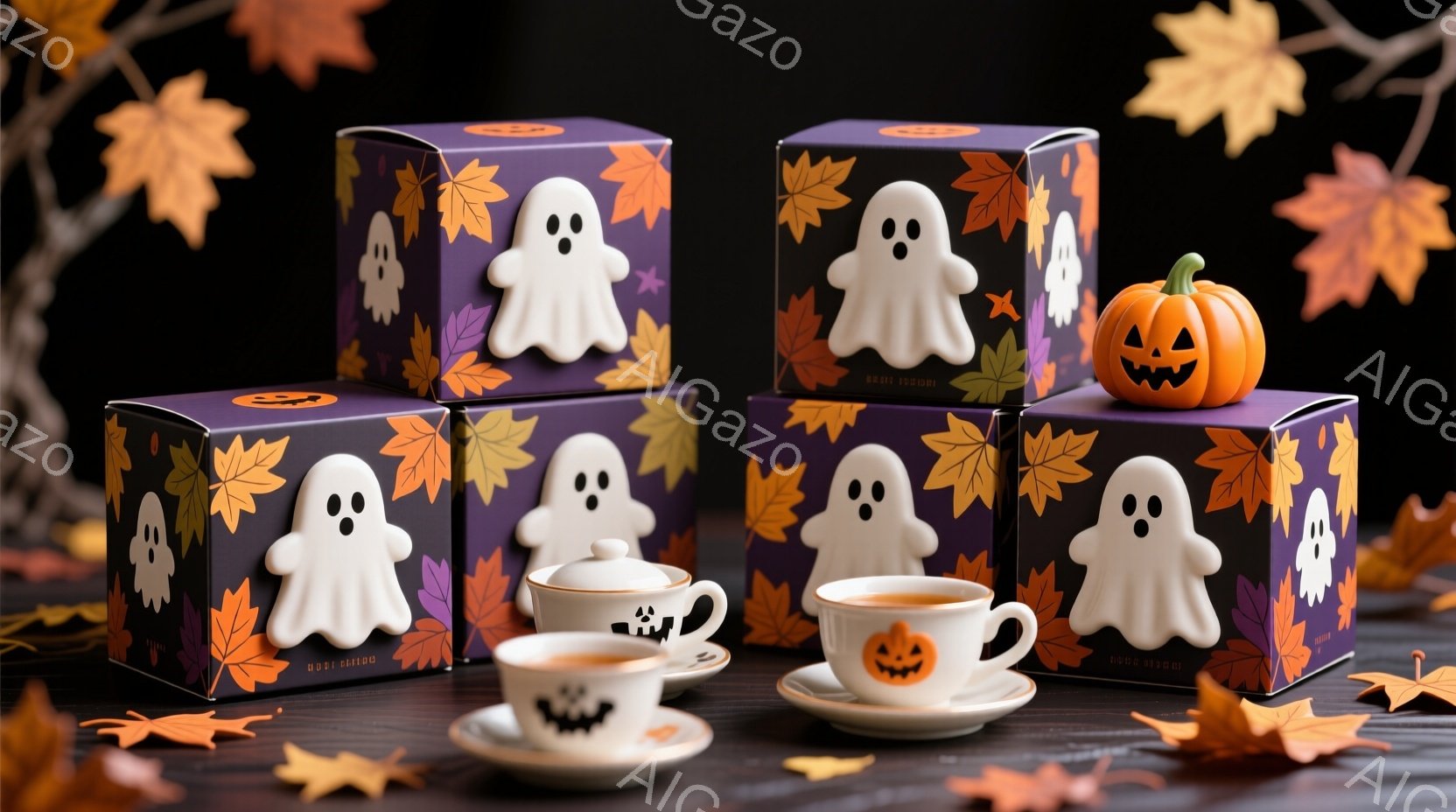 ハロウィーンをテーマにしたティーカップとギフトボックスが写っています。白いお化けの形をしたギフトボックスは紫色の背景に星が散りばめられており、オレンジ色の落ち葉に囲まれています。ティーカップは白地にオ - AI生成フリー素材
