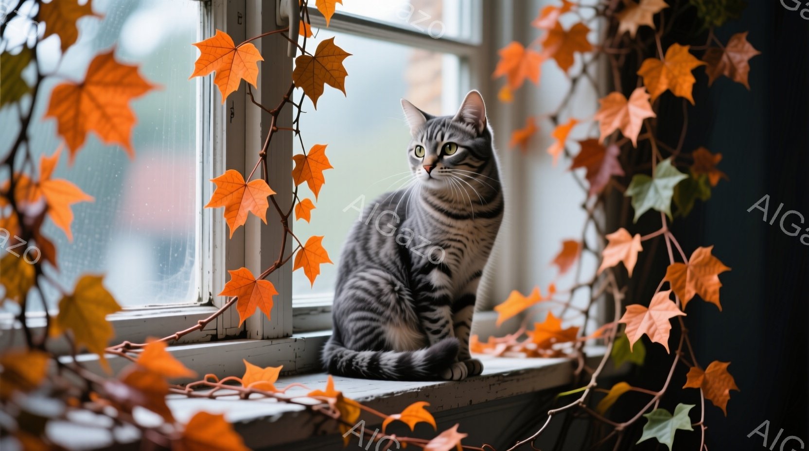 縞模様の猫が白い窓枠に座ってこちらを見ている。背景には秋らしいオレンジ色の蔦が絡みつき、窓の外はぼやけて見える。全体的に穏やかで、秋の訪れを感じさせる温かい雰囲気である。