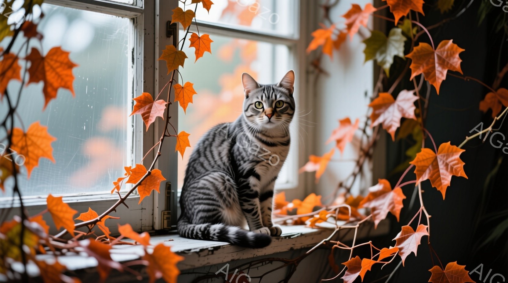 白い窓枠に縞模様の猫が座っており、秋の紅葉した葉が窓の周りを飾り、暖かく落ち着いた雰囲気を作り出しています。猫は前方をまっすぐ見つめ、警戒心と好奇心がないまぜになった表情で、リラックスしつつも注意深く周囲を観察しているようです。背景は暗く、窓枠と紅葉が猫を際立たせ、秋の訪れを感じさせる穏やかな光景です。
