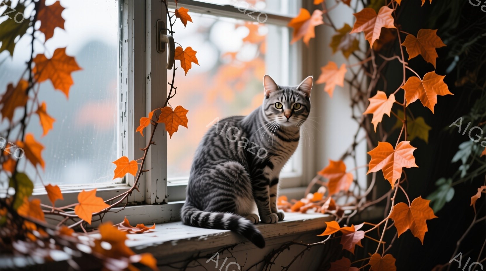 白い窓枠に、縞模様のグレー猫が座ってこちらを見ている。背景は緑豊かな植物とオレンジ色の葉で覆われ、秋の温かく穏やかな雰囲気を醸し出している。猫の表情は落ち着いており、光が柔らかく差し込み、全体的に静かで心地よい光景である。