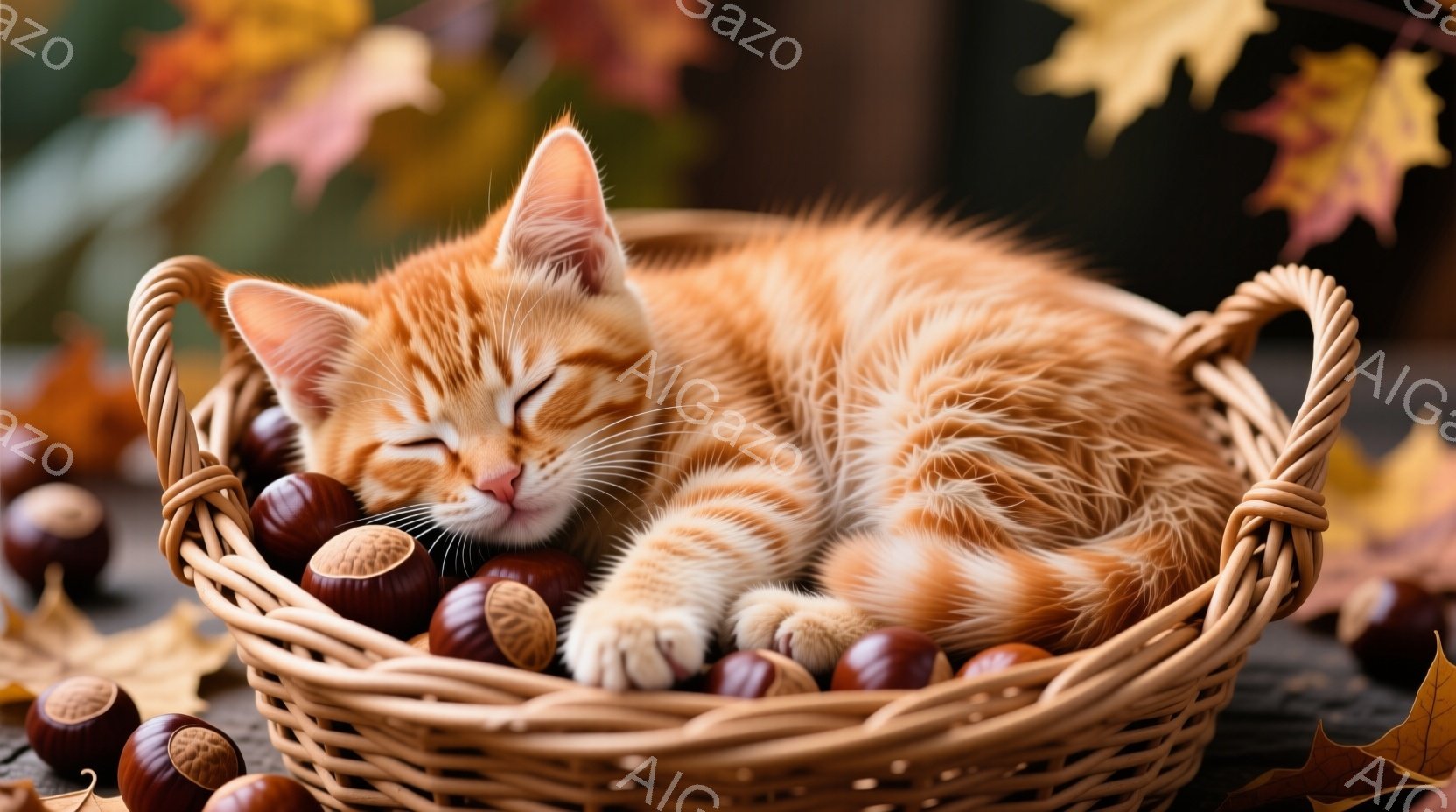 温かい色の毛並みを持つ子猫が、栗に囲まれた籐の籠の中で眠っています。子猫は目を閉じ、リラックスした様子で丸まっており、周囲の栗と籠が秋の穏やかな雰囲気を醸し出しています。背景には鮮やかな紅葉がぼんやりと見え、全体的に暖かく、のどかな印象を与えます。