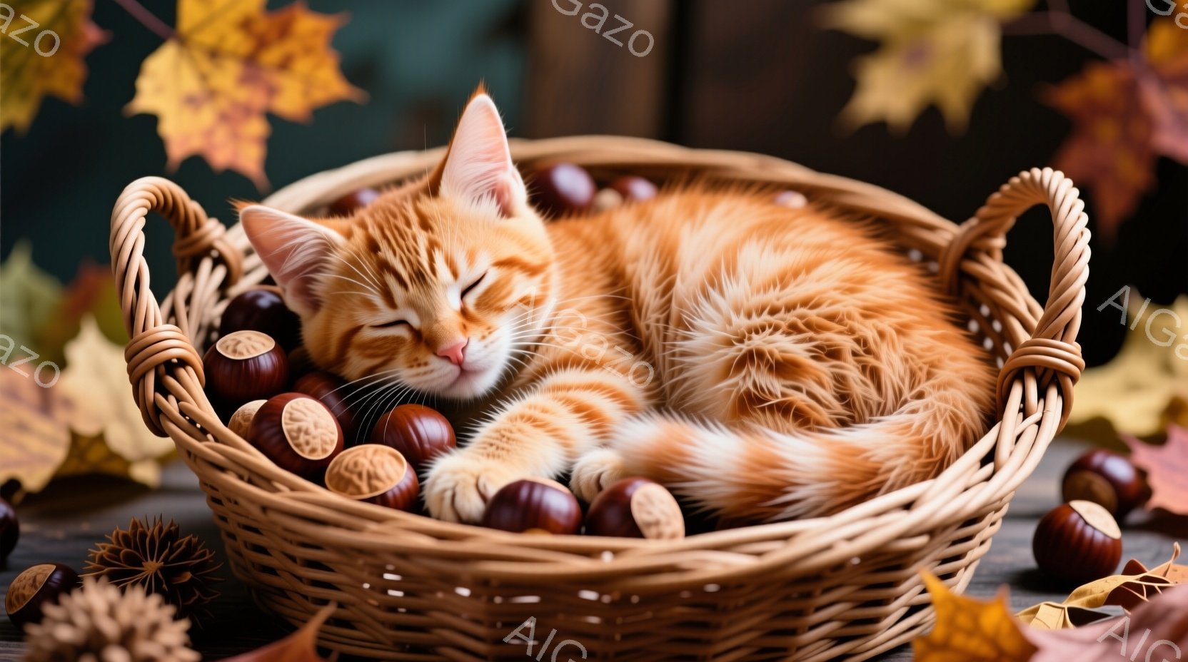 鮮やかなオレンジ色の毛並みを持つ子猫が、編まれたバスケットの中に丸まって眠っています。バスケットの中や周りには、秋を象徴する栗や落ち葉が散りばめられ、温かみのある秋の雰囲気を醸し出しています。木製のテーブルの上に置かれたバスケットと、全体的に柔らかな光が、穏やかで心地よい雰囲気を演出しています。