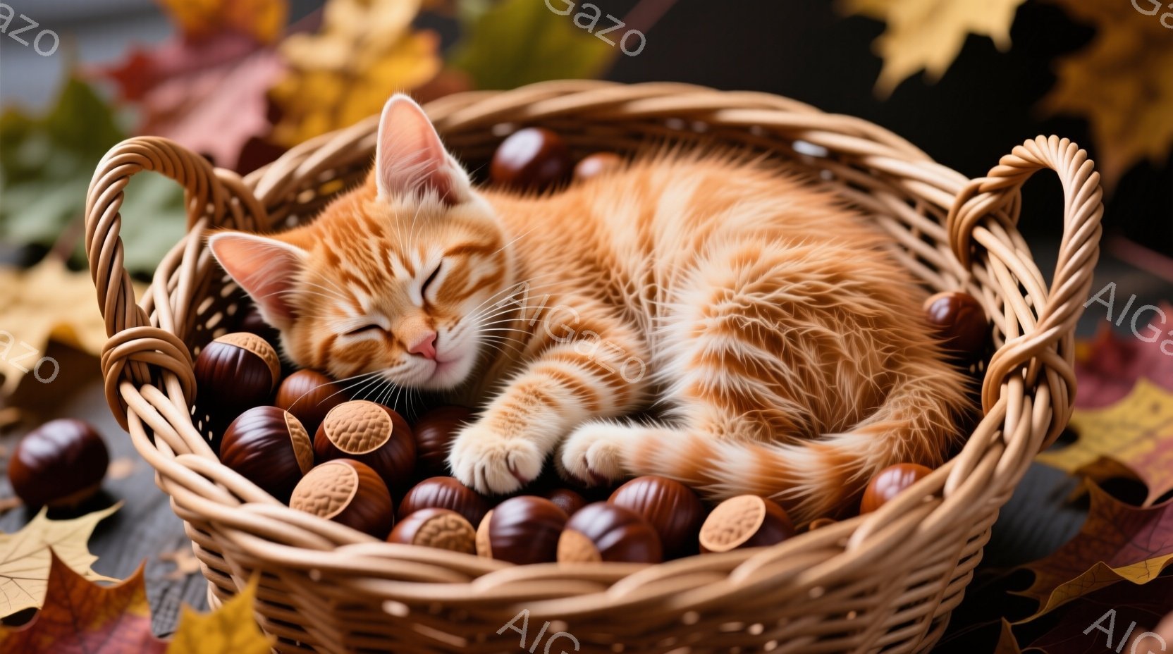 籠の中にオレンジ色の毛並みの小さな子猫が丸まって眠っている。周囲には茶色の栗がたっぷり敷き詰められ、赤やオレンジ色の落ち葉が散らばり、秋の温かく穏やかな雰囲気を醸し出している。子猫は目を閉じ、リラックスした表情で、まるで秋の恵みに包まれているようだ。