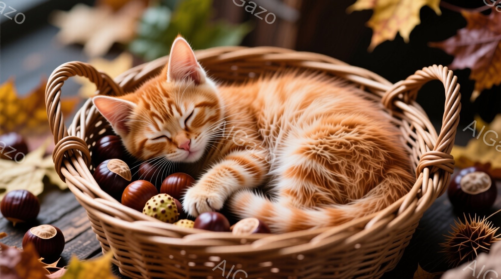 鮮やかなオレンジ色の毛並みを持つ子猫が、編まれたバスケットの中で丸まって眠っています。バスケットの中には栗が散りばめられ、秋の収穫の雰囲気が漂っています。木製のテーブルの上には、落ち葉が点在し、暖かく穏やかな秋の日の情景が広がっています。