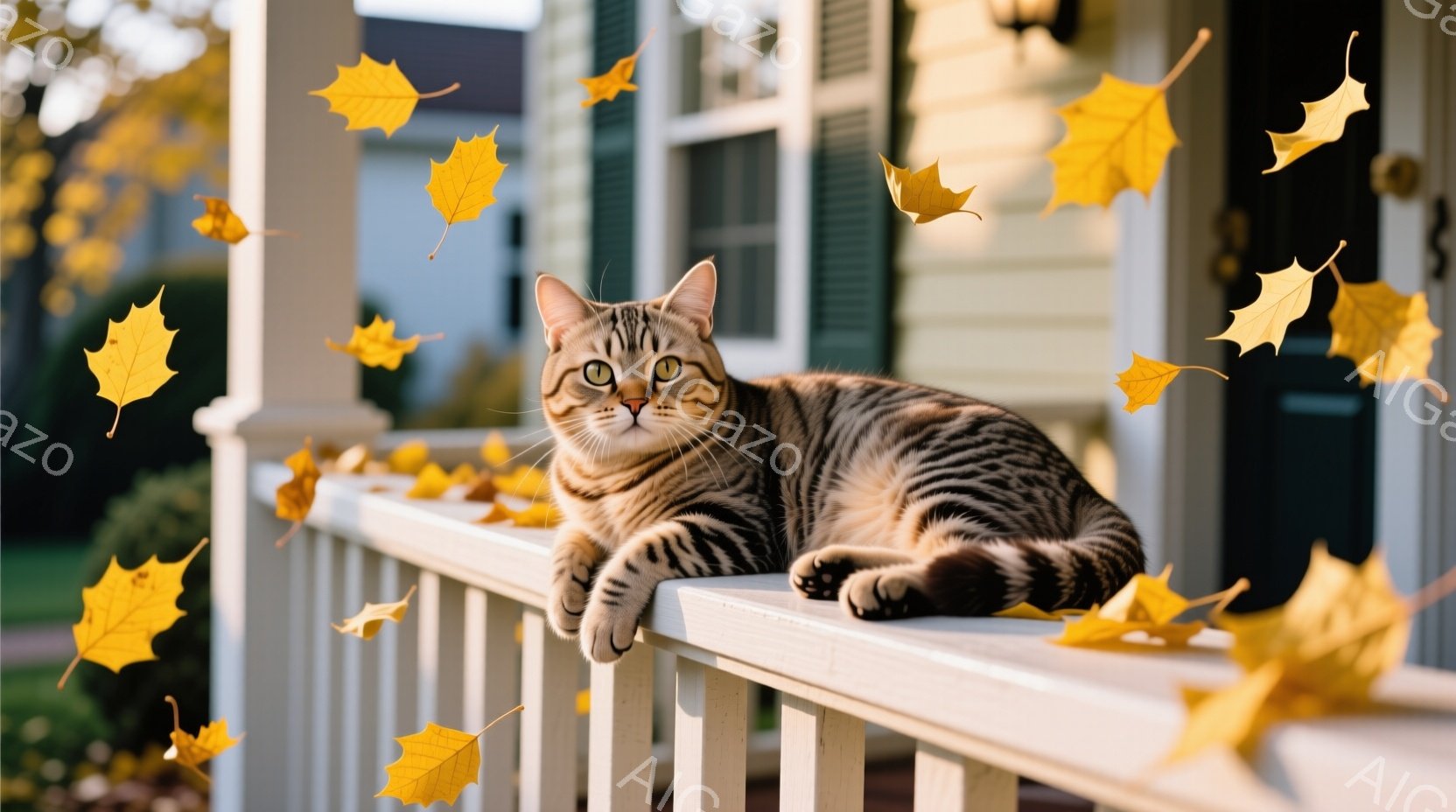 秋を感じさせる外景です。主なフォーカスは猫であり、それは白と黒の毛色のタイガー・キャットです。猫は冷静にリラックスしており、脚を上げています。その目は開いており、注意深く見つめています。周囲の枝や葉が飛んでおり、これは風の影響を受けていると考えられます。建物の前にある木製のバルコニーに猫が座っており、その斜めの位置から猫は景色を見下ろしているようです。全体的な雰囲気は平和で楽観的であり、異常なくらい安らぎと温かさが感じられます。